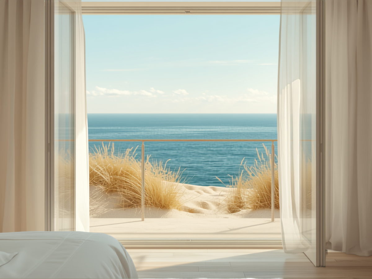 Geöffnete Balkontür einer Ferienwohnung mit Blick über Dünengras auf die Ostsee